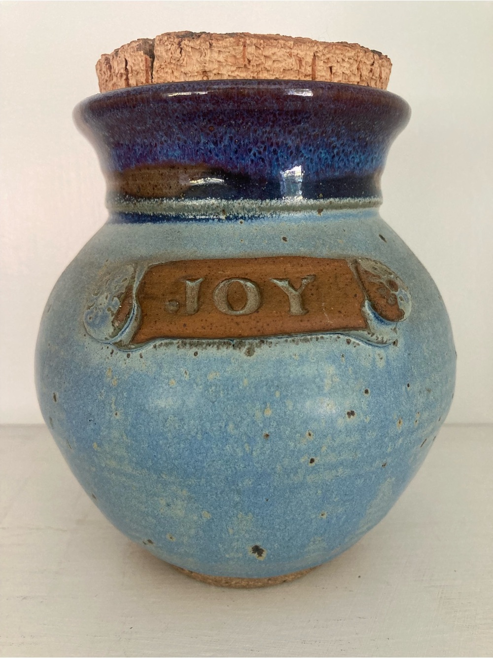 Ceramic 'JOY' Jar with Cork Lid in Blue